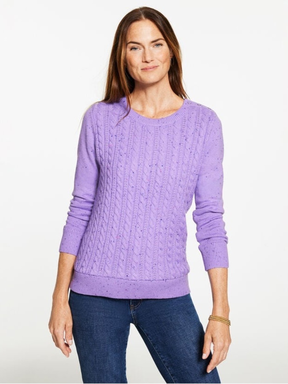 Talbots Tweed Cable Knit Crewneck Sweater Size Large Preppy Lavender Winter Plum
